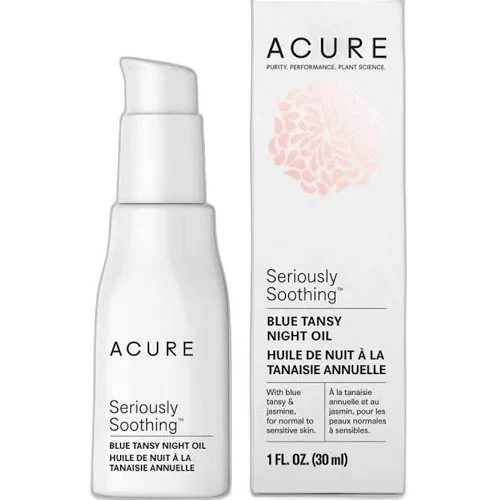 Acure Seriously Soothing Blue Tansy Night Oil in a frosted blue glass bottle with dropper