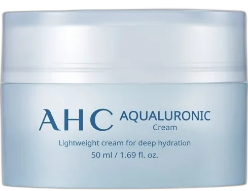 AHC Aqualuronic Cream in a frosted blue glass jar