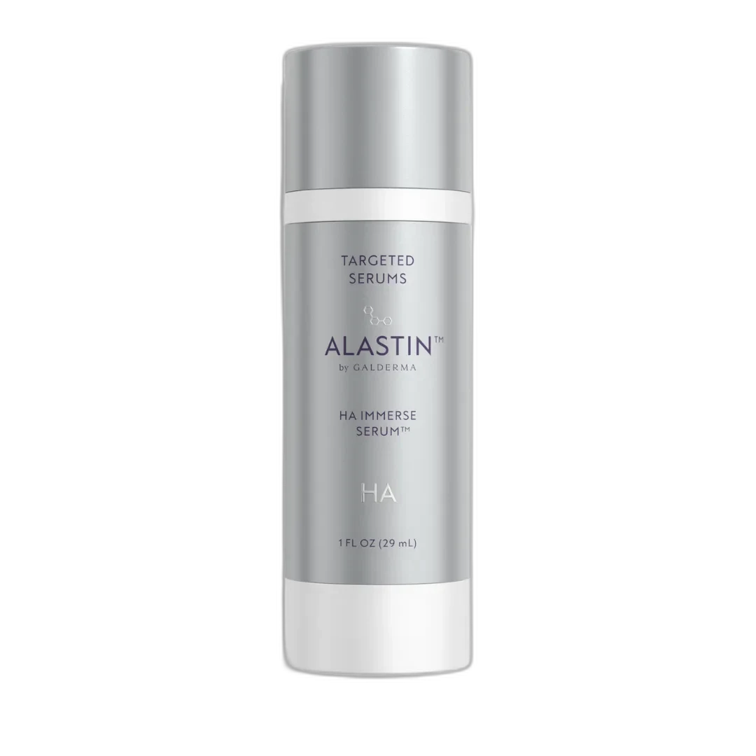 Alastin HA Immerse Serum pump bottle with blue and white clinical packaging