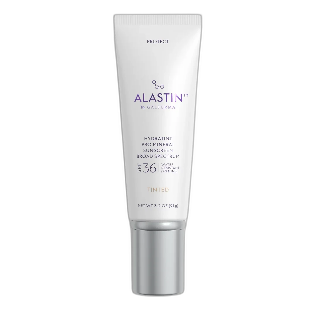 Alastin HydraTint Pro Mineral Broad Spectrum Sunscreen SPF 36 in a white squeeze tube with