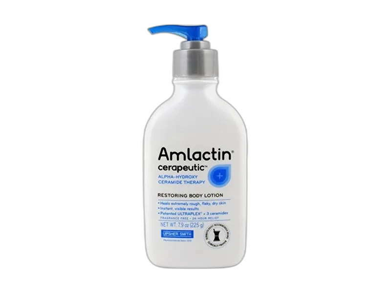 Amlactin Cerapeutic Restoring Body Lotion pump bottle with blue and white labeling