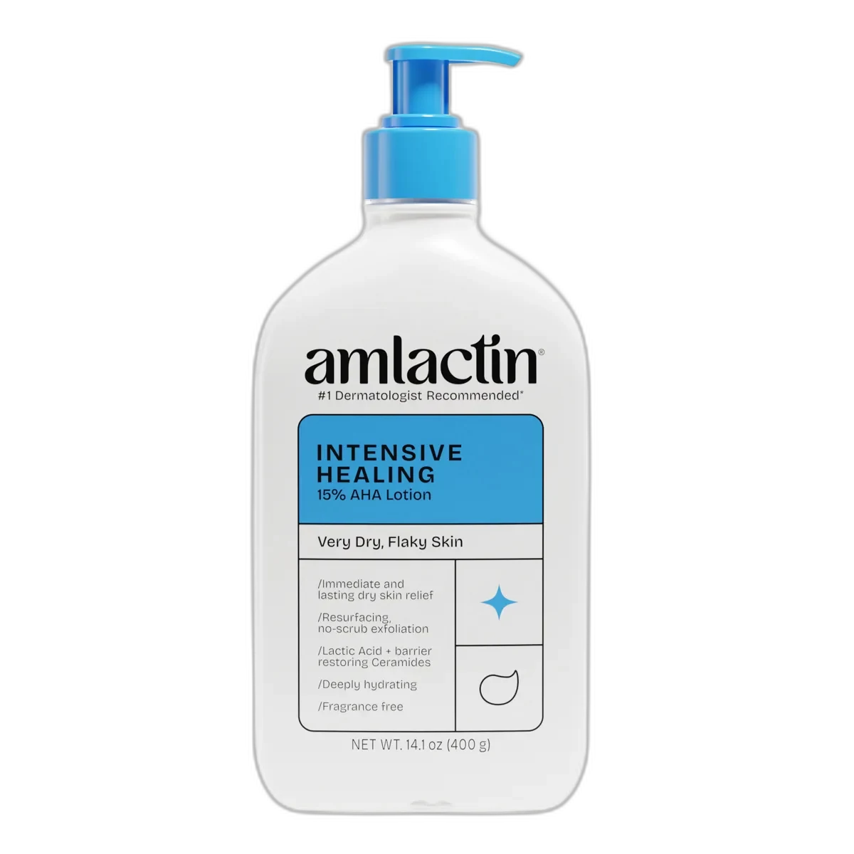 Amlactin Rapid Relief Restoring Lotion with Ceramides pump bottle with purple and white labeling