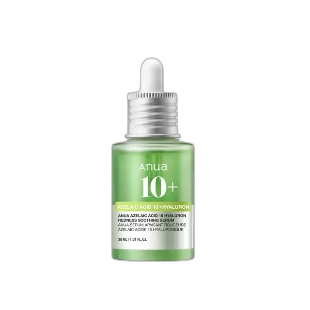Anua Azelaic Acid 10 Hyaluron Redness Soothing Serum in a glass dropper bottle with pale green serum