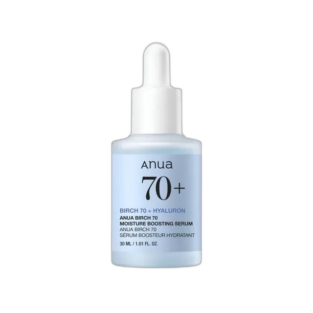 Anua Birch 70% Moisture Boosting Serum in a glass dropper bottle