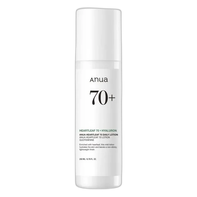 Anua Heartleaf 70% Daily Relief Lotion in a white pump bottle with minimalist Korean design