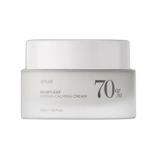 Anua Heartleaf 70% Intense Calming Cream in a small white jar with minimalist Korean design