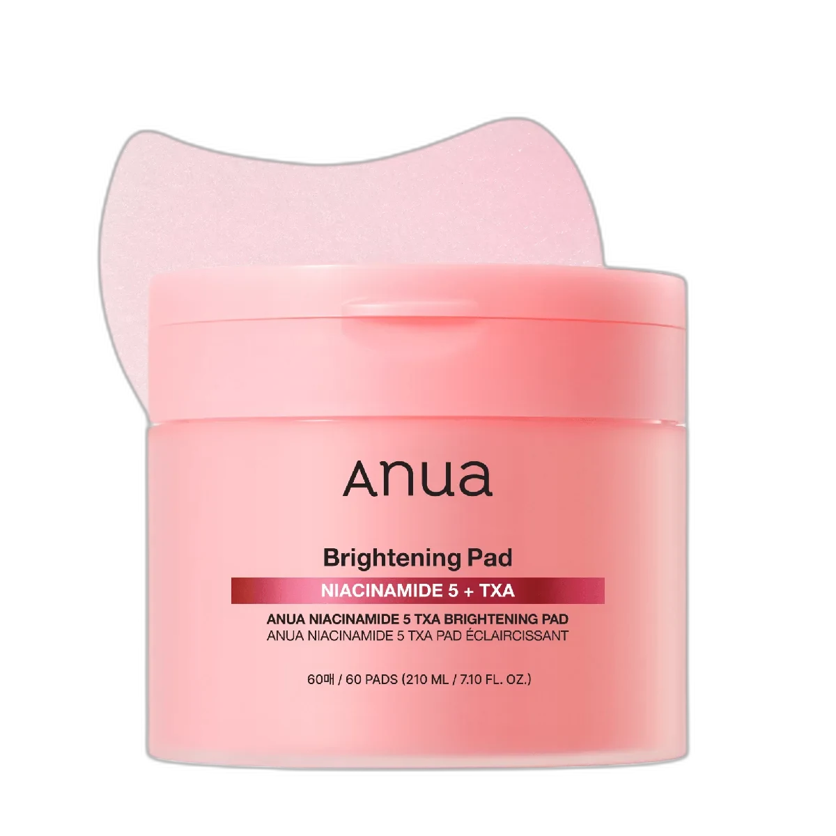 Anua Niacinamide 5 TXA Brightening Pad jar with 60 crescent-shaped pads in pink-coral packaging