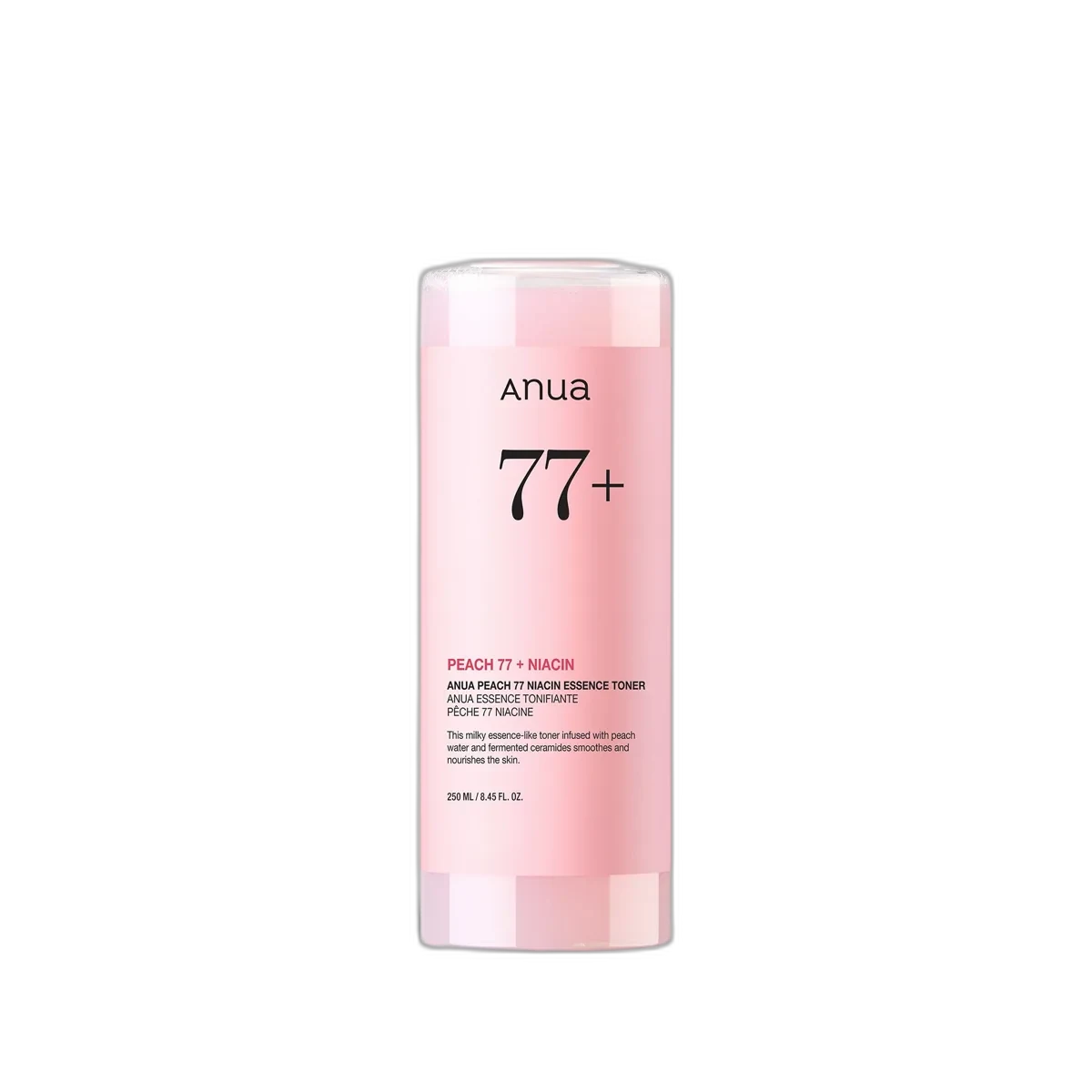 Anua Peach 77 Niacin Essence Toner 250ml bottle with peach-toned branding