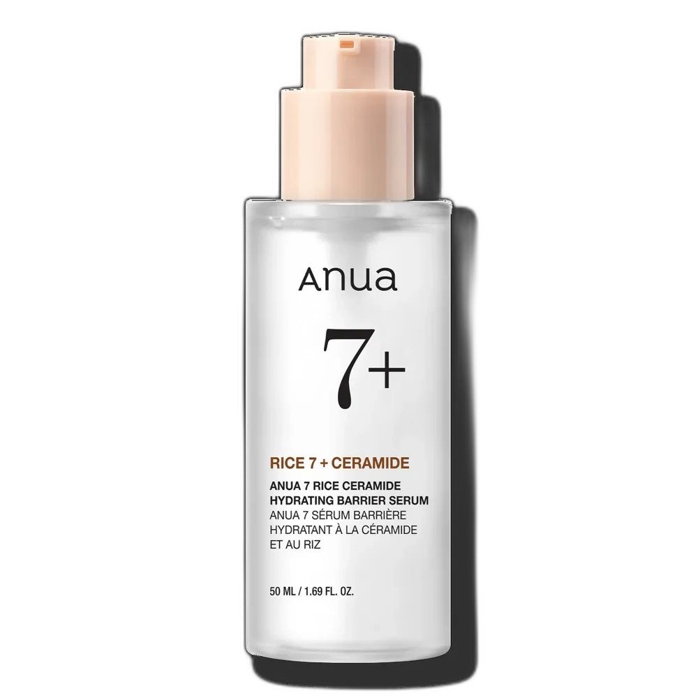 Anua Rice Ceramide 7 Hydrating Barrier Serum in a frosted glass bottle with pump dispenser