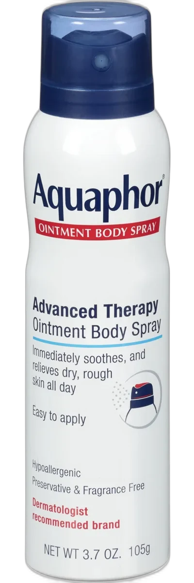Aquaphor Healing Ointment Body Spray aerosol can with blue and white branding