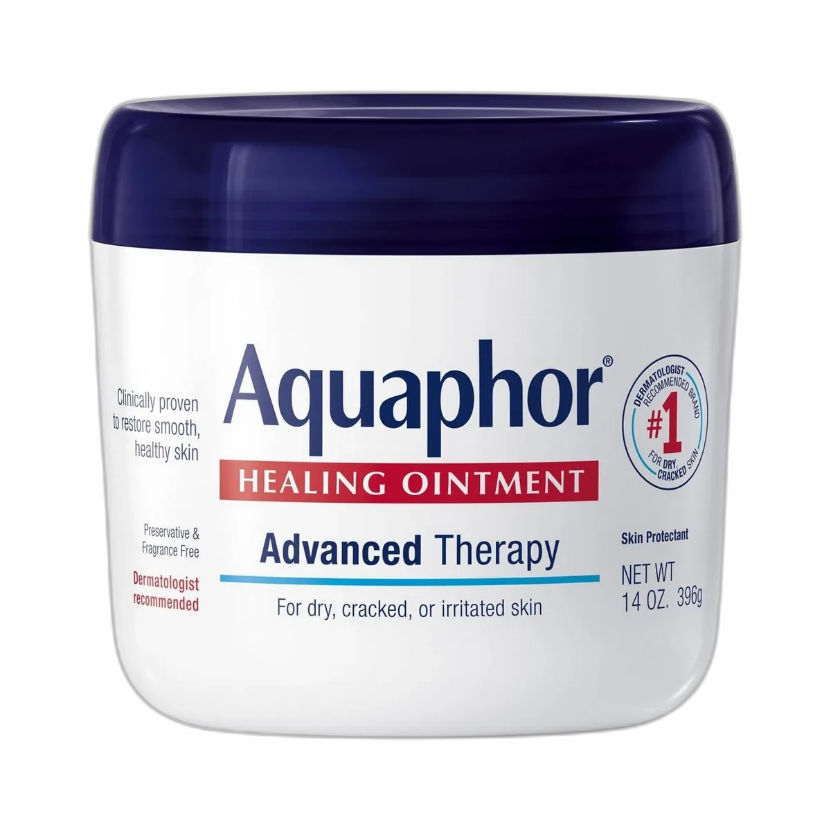 Aquaphor Healing Ointment Advanced Therapy jar with blue and white label
