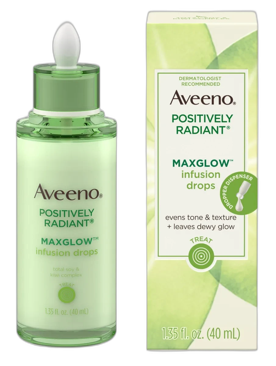 Aveeno Positively Radiant MaxGlow Infusion Drops serum in glass dropper bottle