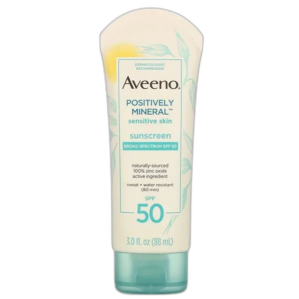 Aveeno Positively Mineral Sensitive Skin Sunscreen SPF 50 tube with zinc oxide formula