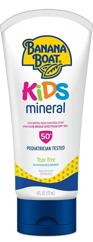 Banana Boat Kids 100% Mineral Sunscreen Lotion SPF 50+ yellow squeeze tube