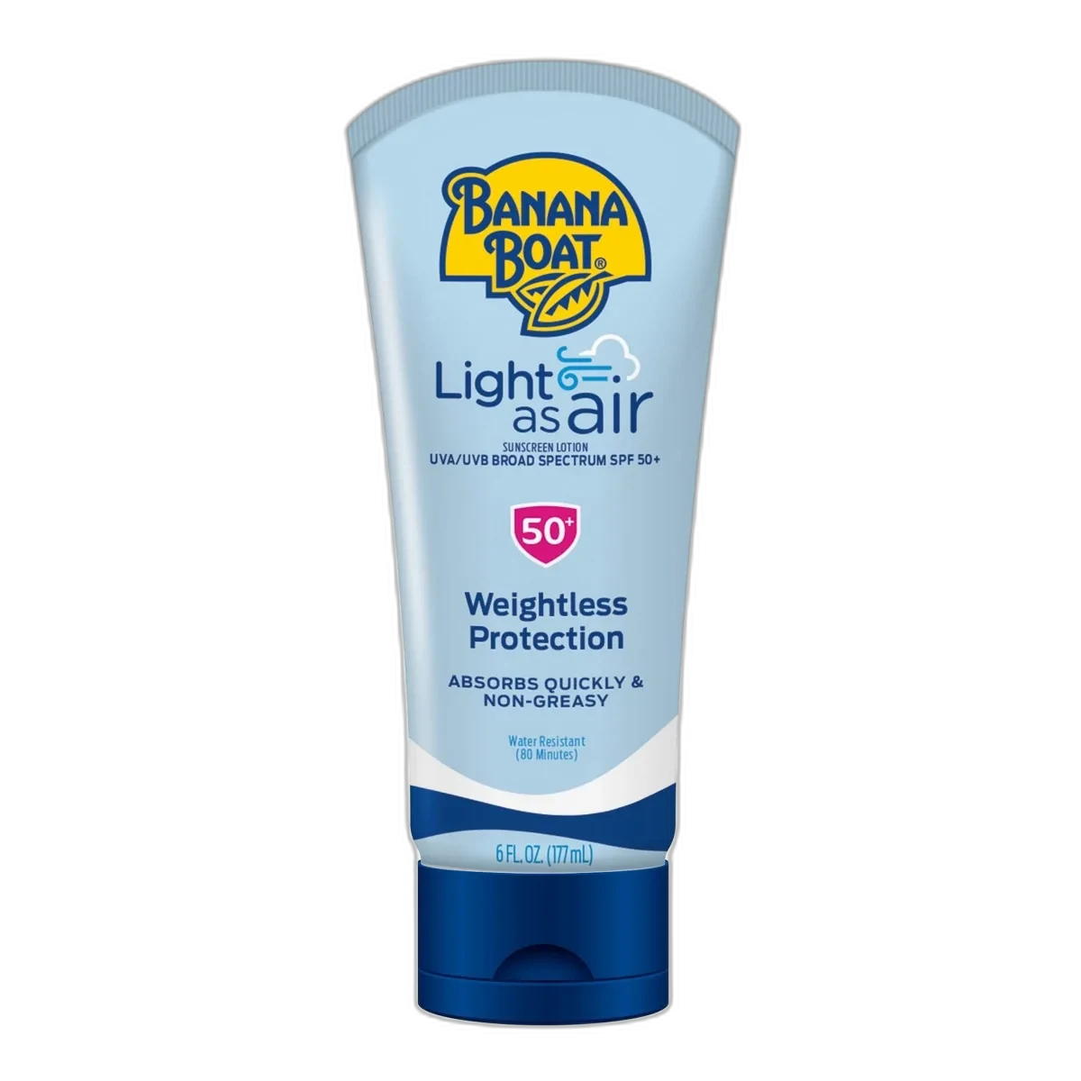 Banana Boat Light As Air Sunscreen Lotion SPF 50 squeeze bottle with blue and white packaging