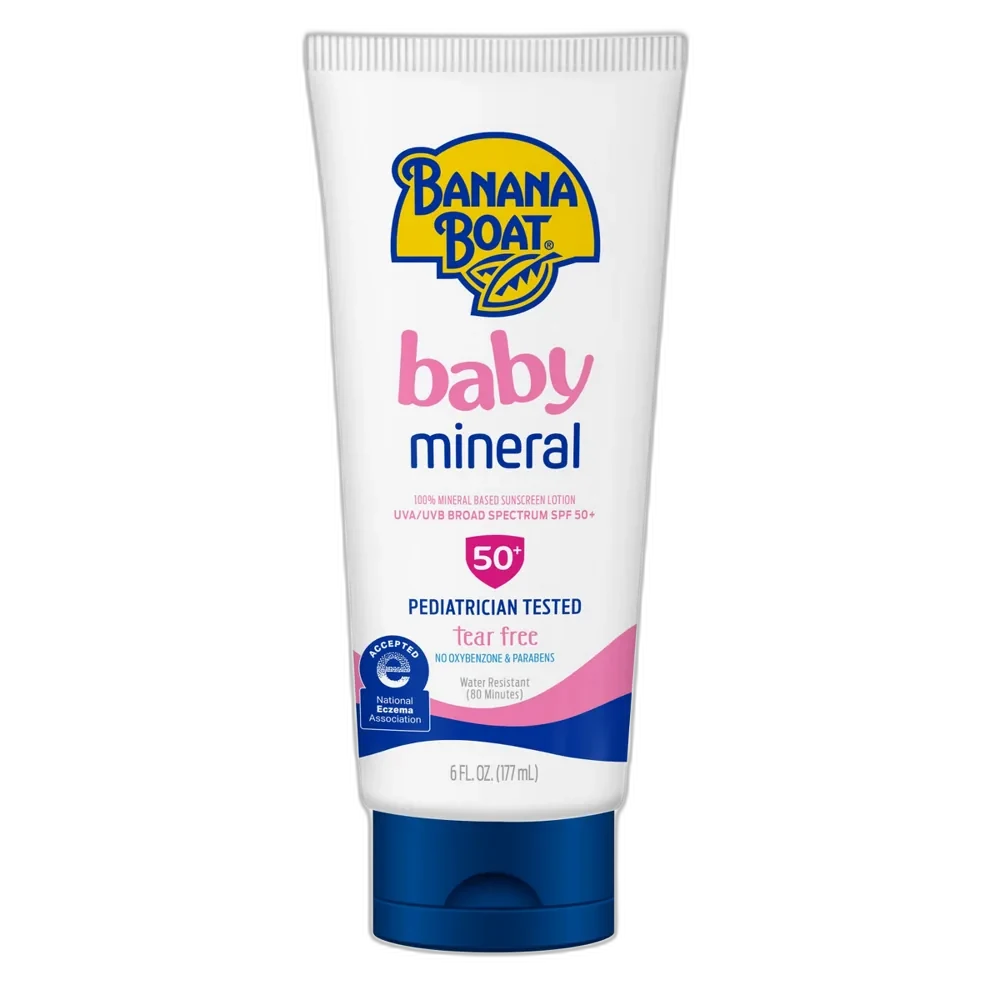 Banana Boat Simply Protect Baby Sunscreen Lotion SPF 50+ squeeze tube with yellow and white