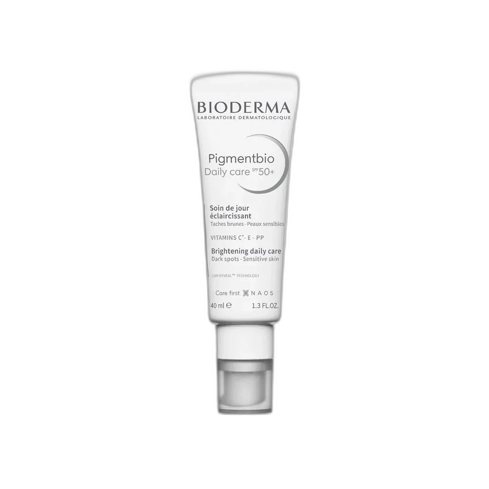 Bioderma Pigmentbio Daily Care SPF 50+ brightening cream in a white pump tube with peach