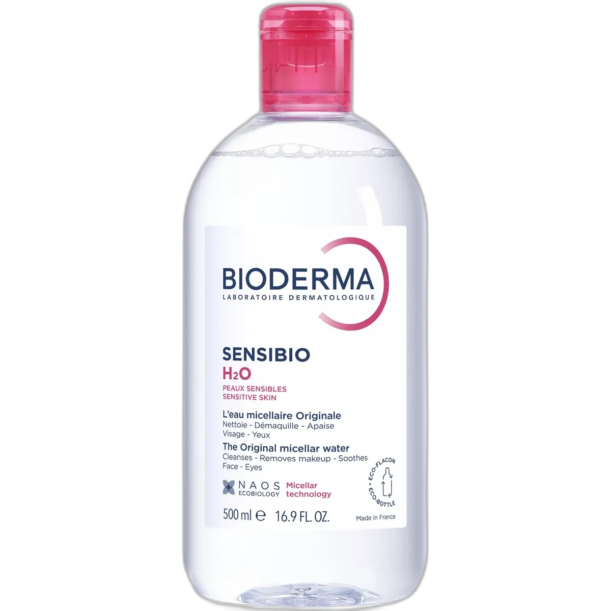 Bioderma Sensibio H2O Micellar Water 500ml clear bottle with pink label on white background
