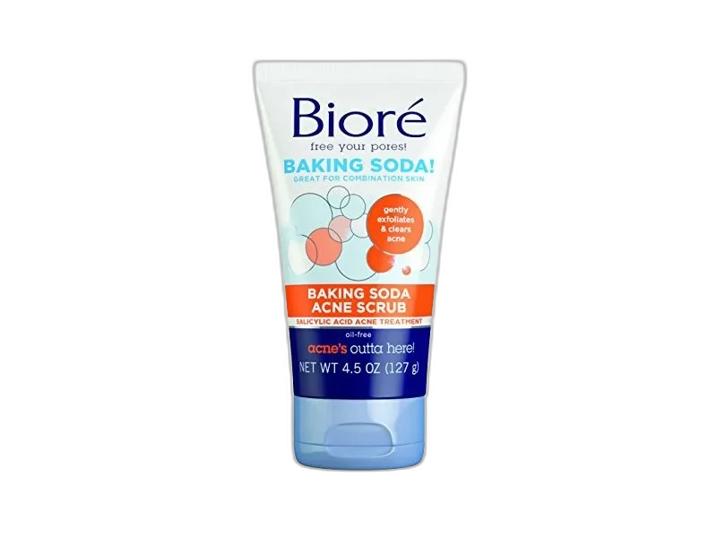 Biore Baking Soda Acne Scrub in a blue and white squeeze tube