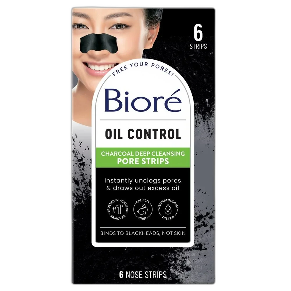 Biore Deep Cleansing Charcoal Pore Strips box and individual charcoal nose strip