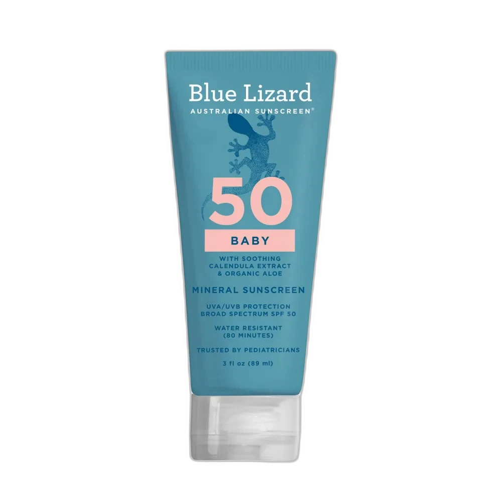 Blue Lizard Baby Mineral Sunscreen SPF 50+ in a blue squeeze bottle with SmartCap