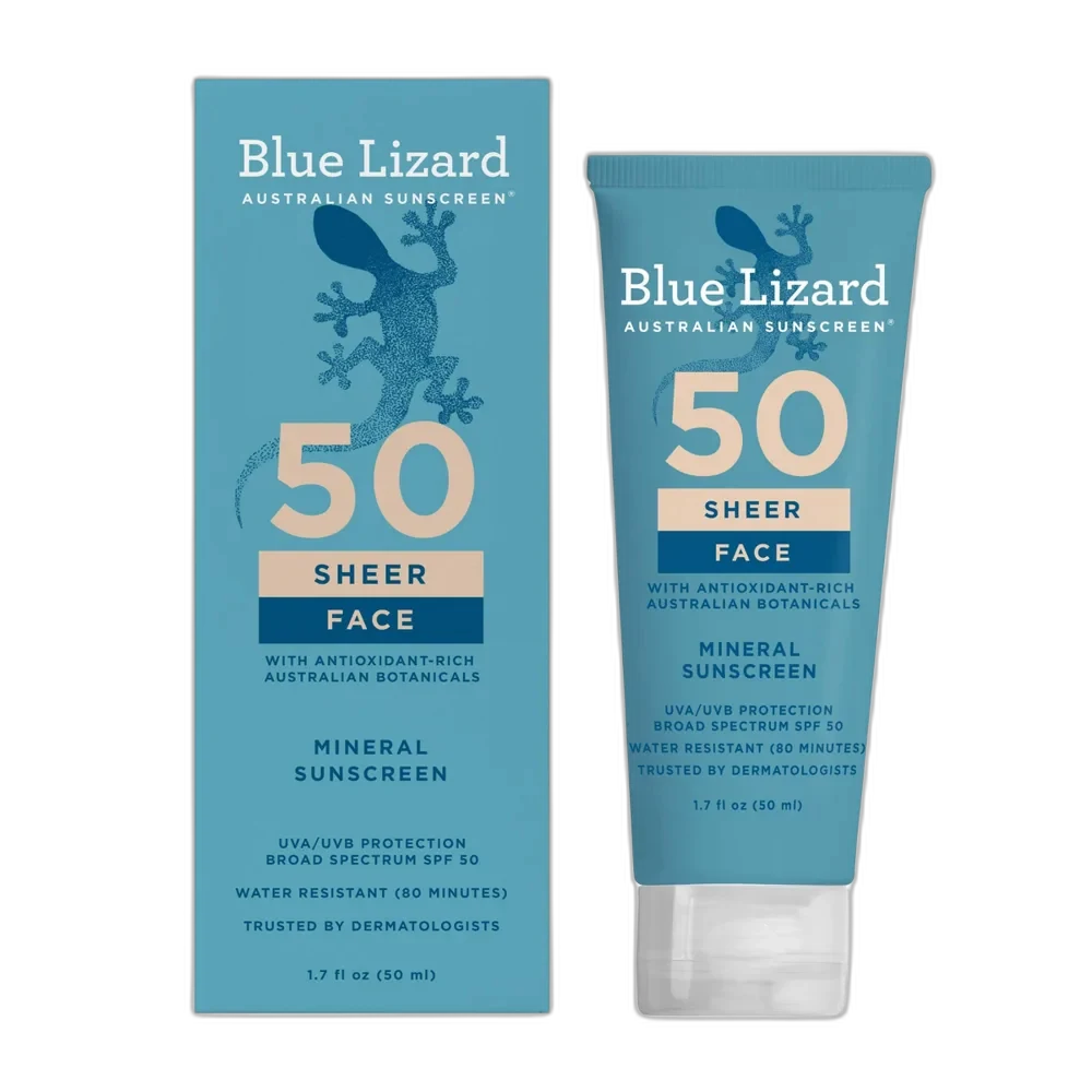 Blue Lizard Face Mineral Sunscreen SPF 50+ in a slim green-accented tube