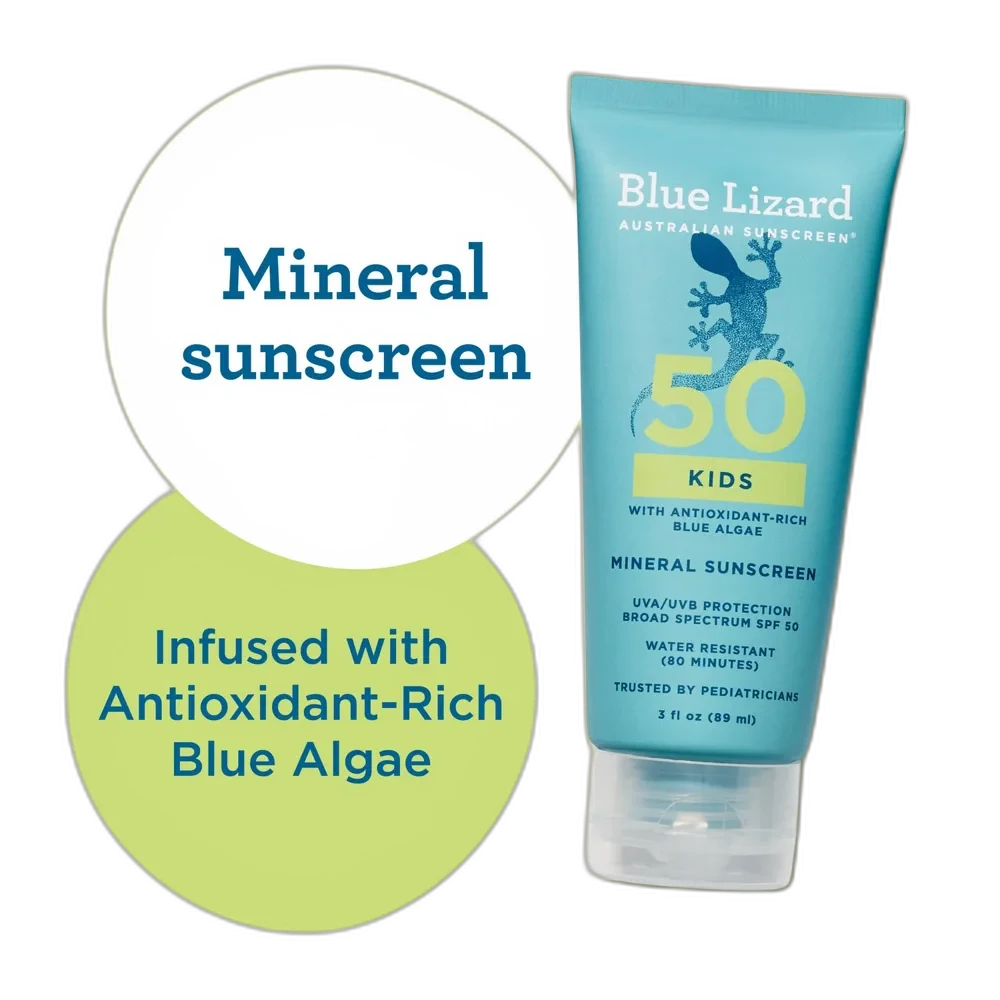Blue Lizard Kids Mineral Sunscreen SPF 50+ in a blue and yellow squeeze bottle with SmartCap