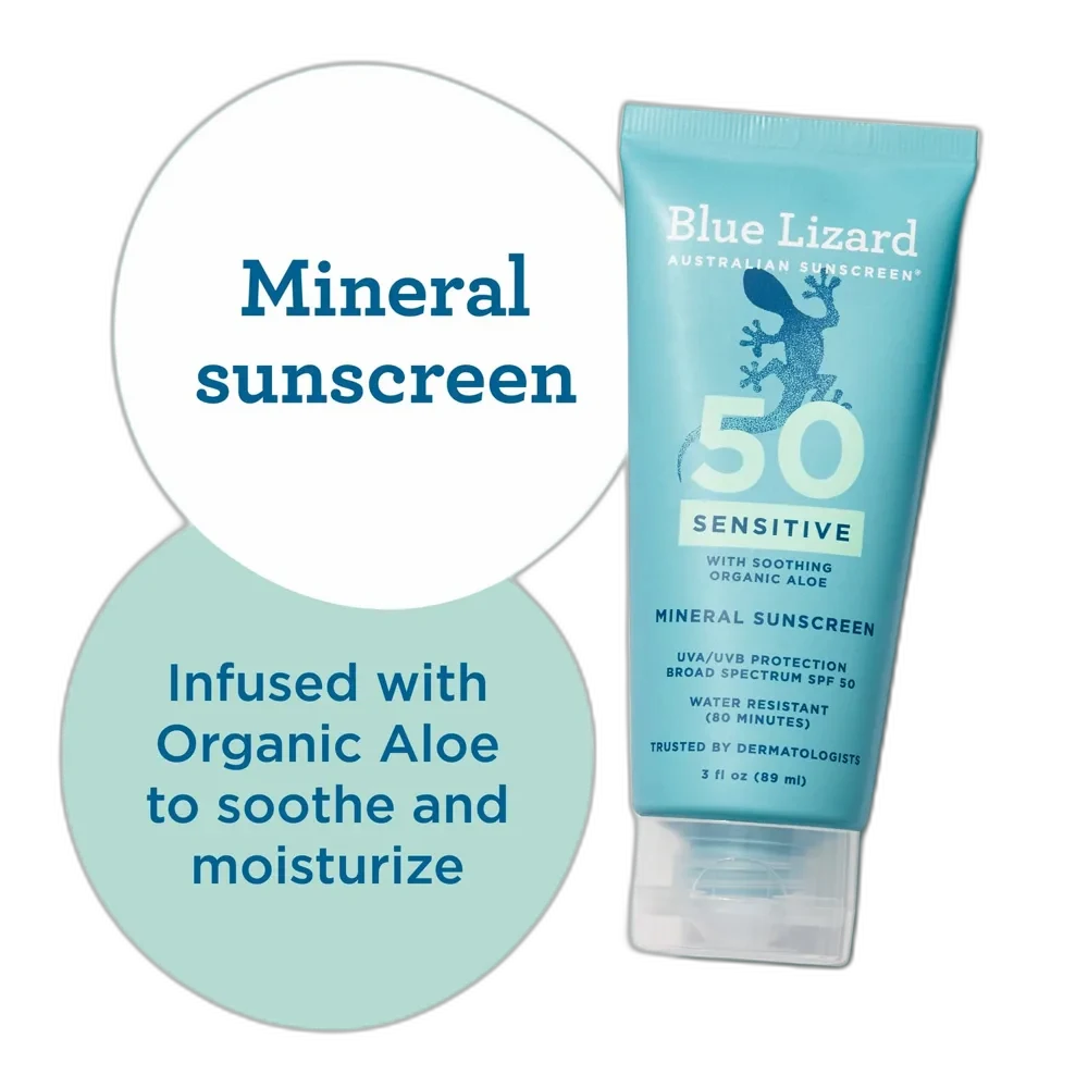 Blue Lizard Sensitive Mineral Sunscreen SPF 50+ in an orange squeeze bottle with SmartCap