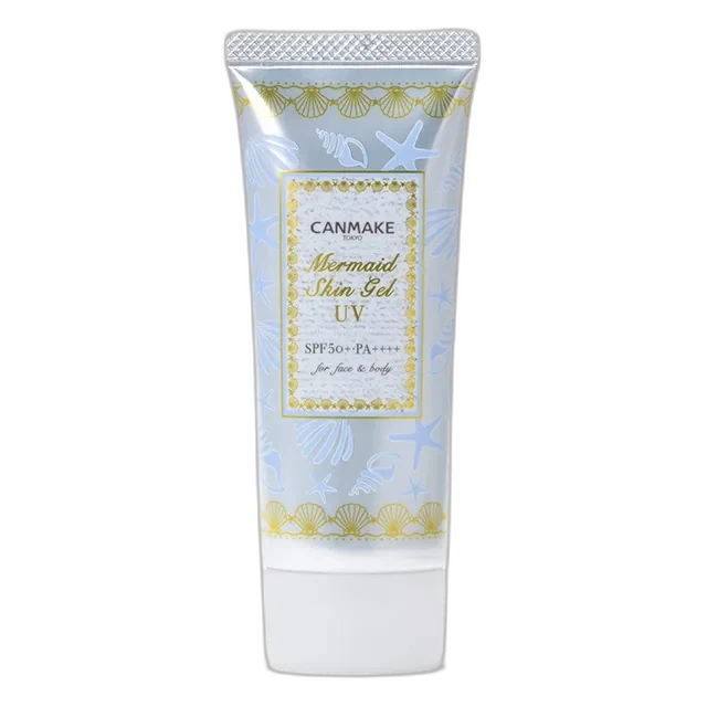 Canmake Mermaid Skin Gel UV SPF 50+ tube in white and blue packaging, 02 White variant