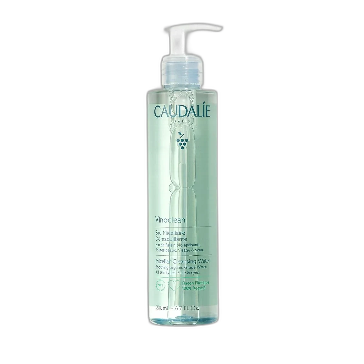 Caudalie Vinoclean Micellar Cleansing Water in a clear 200ml plastic bottle