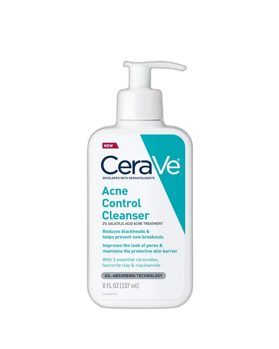 CeraVe Acne Control Cleanser with 2% Salicylic Acid white squeeze tube on white background