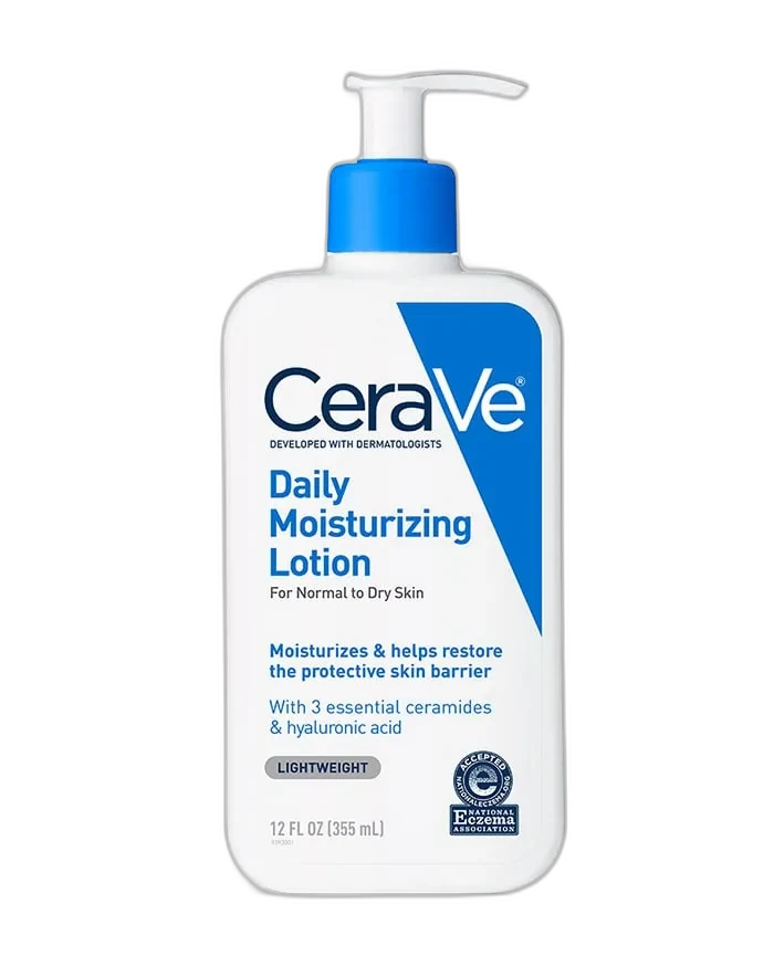 CeraVe Daily Moisturizing Lotion white pump bottle with teal branding on white background
