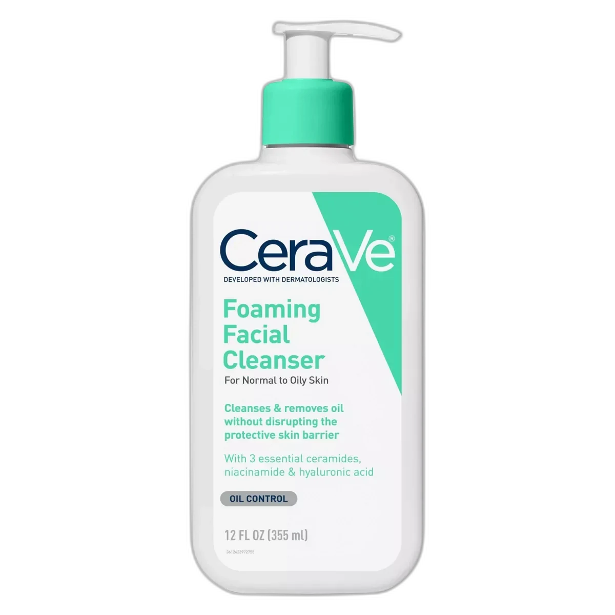 CeraVe Foaming Facial Cleanser in a white pump bottle with blue and green label