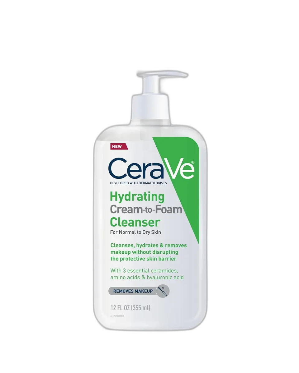CeraVe Hydrating Cream-to-Foam Cleanser 12 fl oz white bottle with blue and green accents