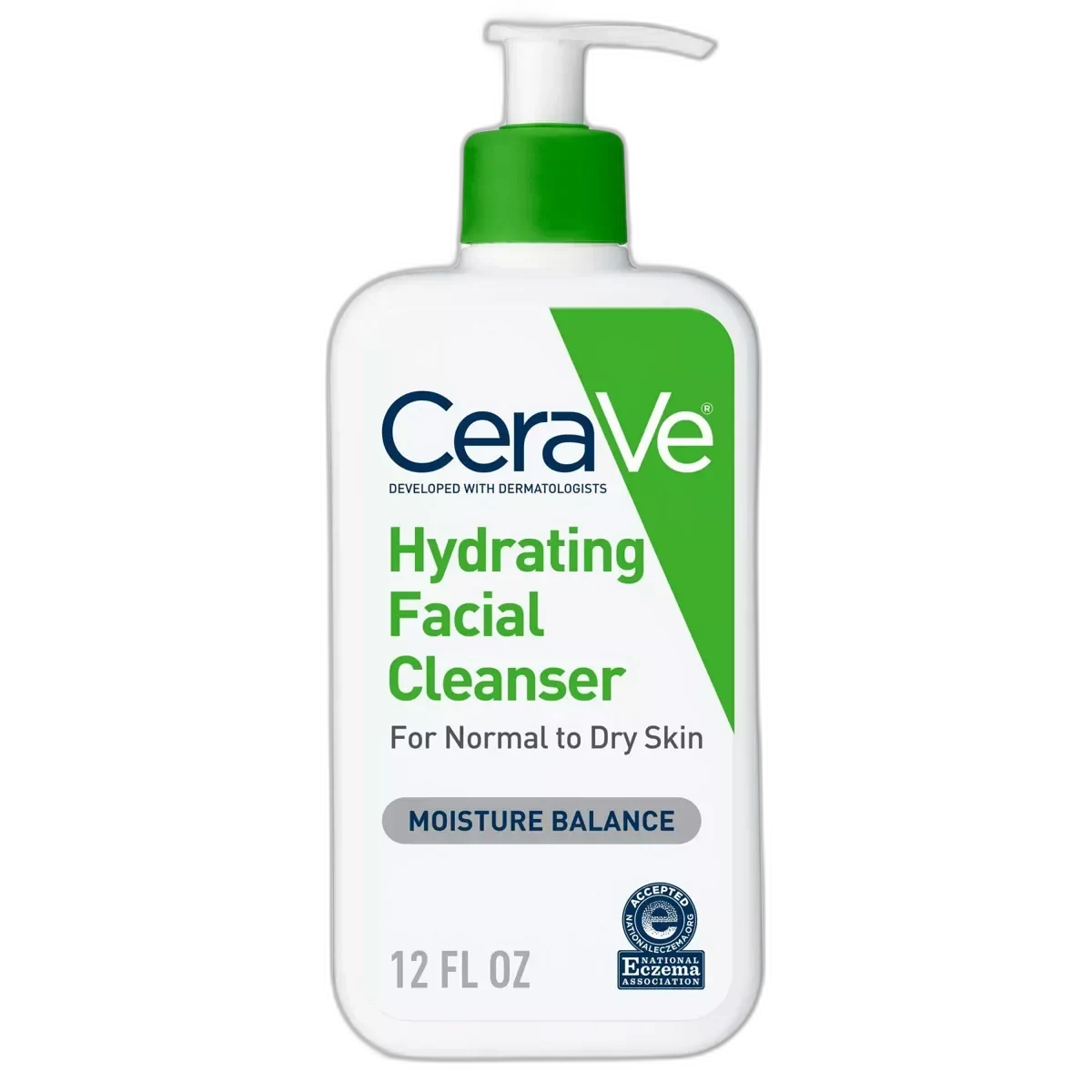 CeraVe Hydrating Facial Cleanser in a white pump bottle with blue and green label