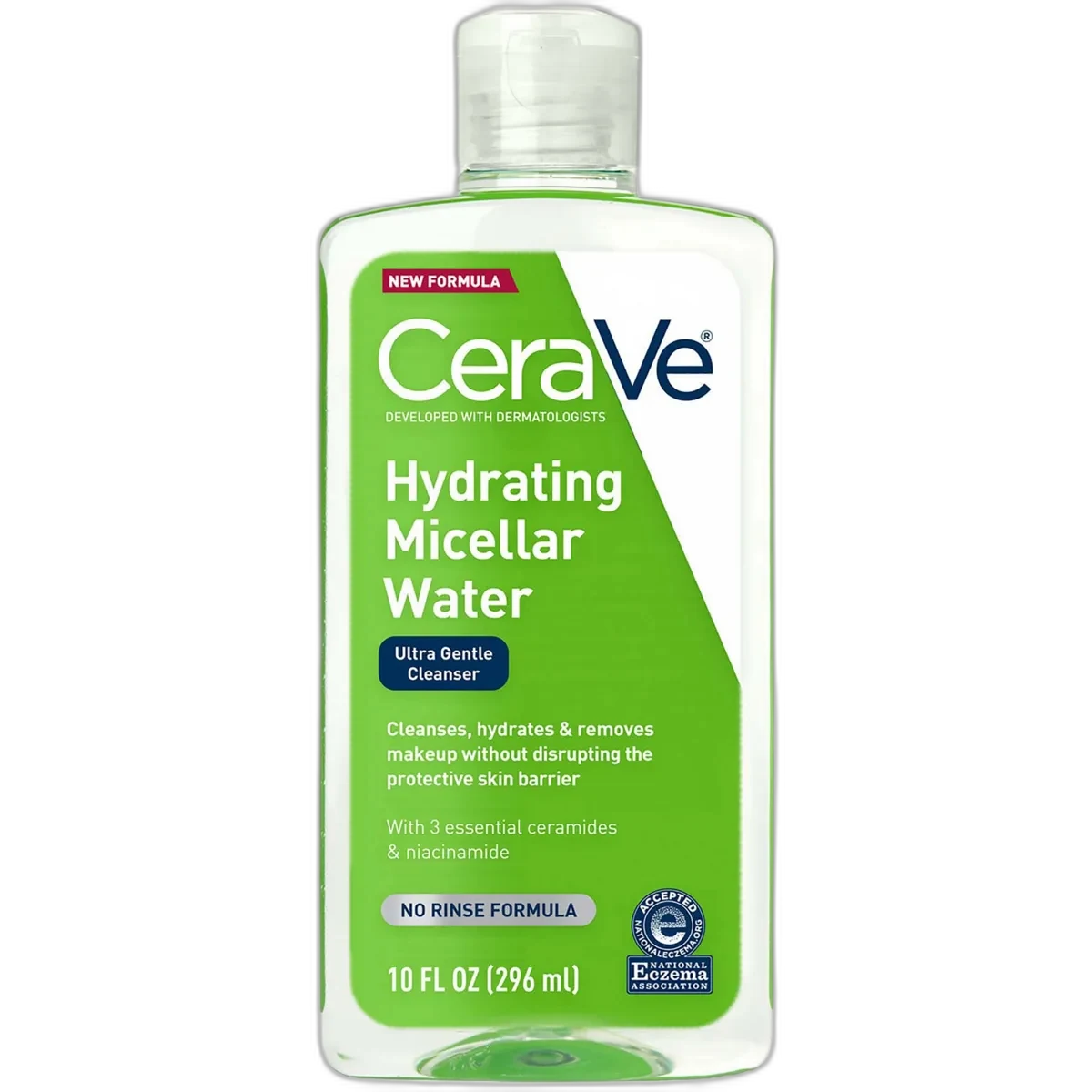 CeraVe Hydrating Micellar Water in a clear bottle with blue and green CeraVe label