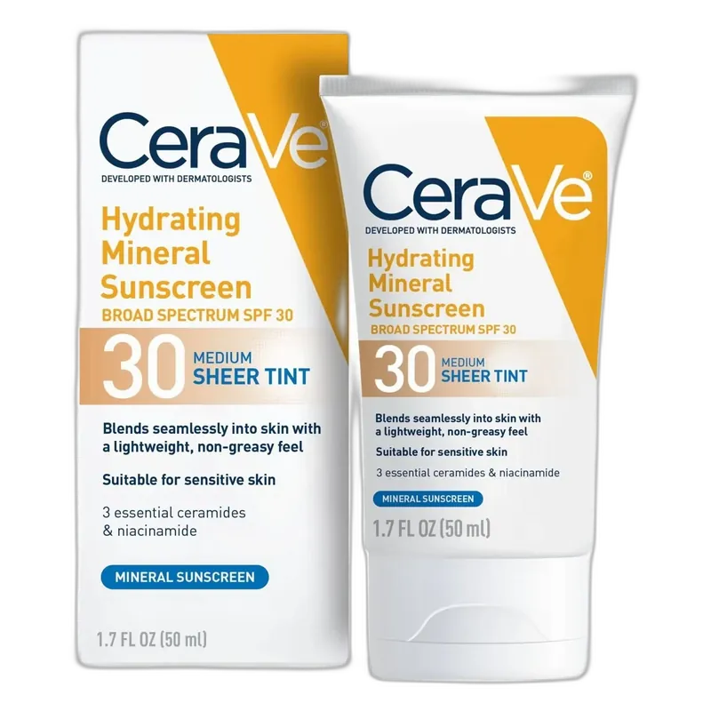 CeraVe Hydrating Mineral Sunscreen SPF 30 Face Sheer Tint tube with white and blue CeraVe packaging