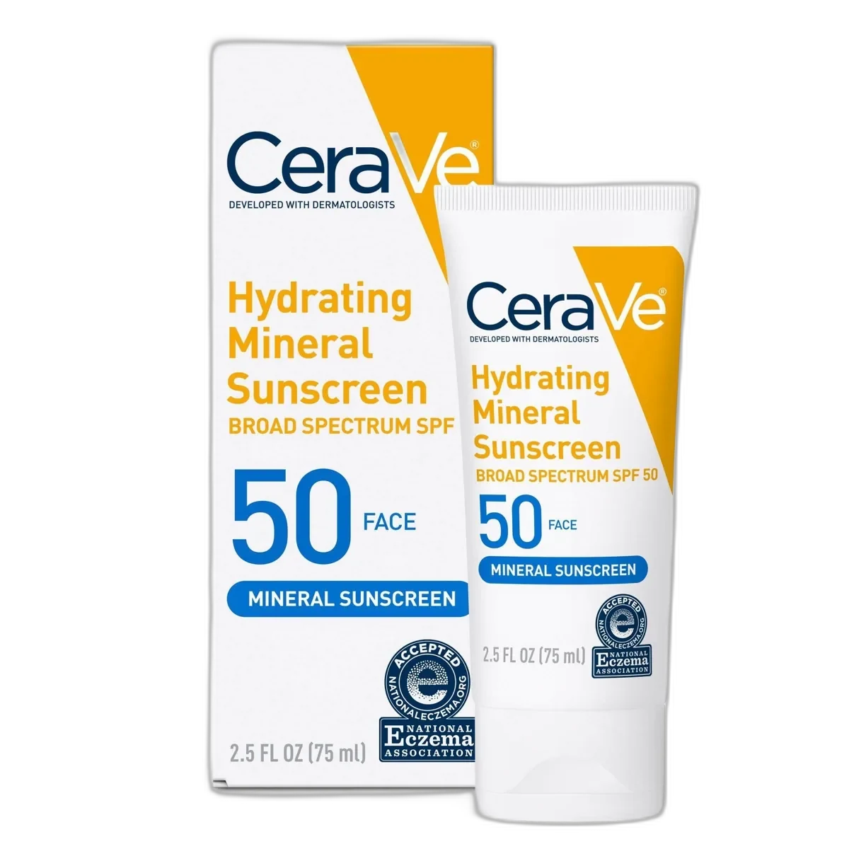 CeraVe Hydrating Mineral Sunscreen SPF 50 Face Lotion tube in white and blue CeraVe packaging