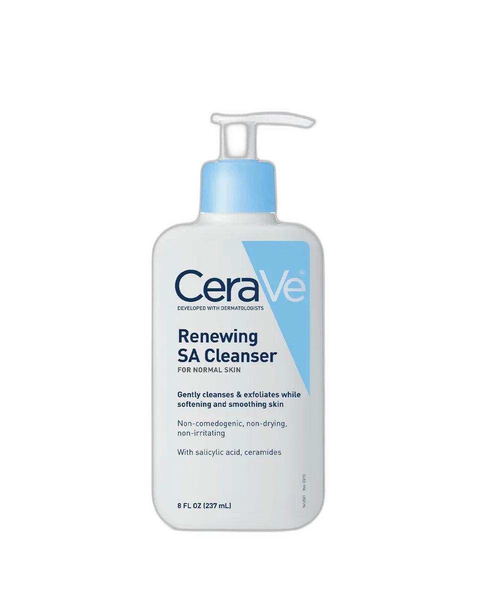 CeraVe SA Smoothing Cleanser bottle with teal branding and flip-top cap