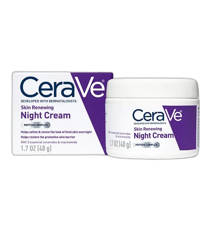CeraVe Skin Renewing Night Cream jar with blue branding and screw-on lid