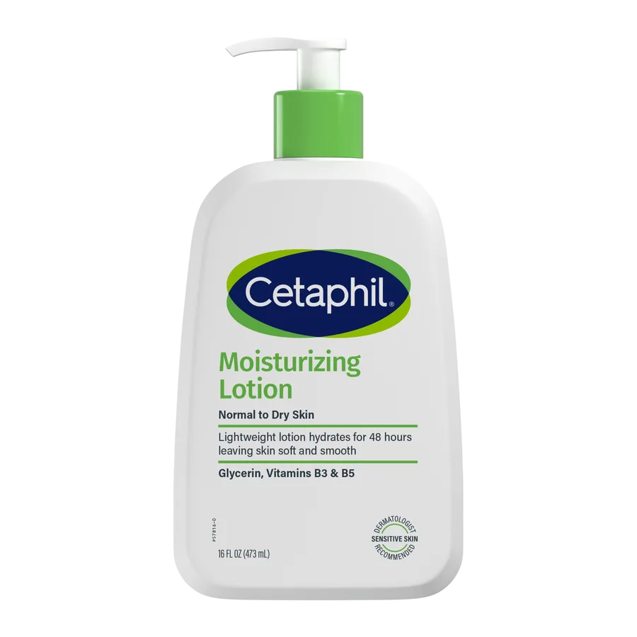 Cetaphil Optimal Hydration Body Lotion in a white pump bottle with blue and green Cetaphil branding