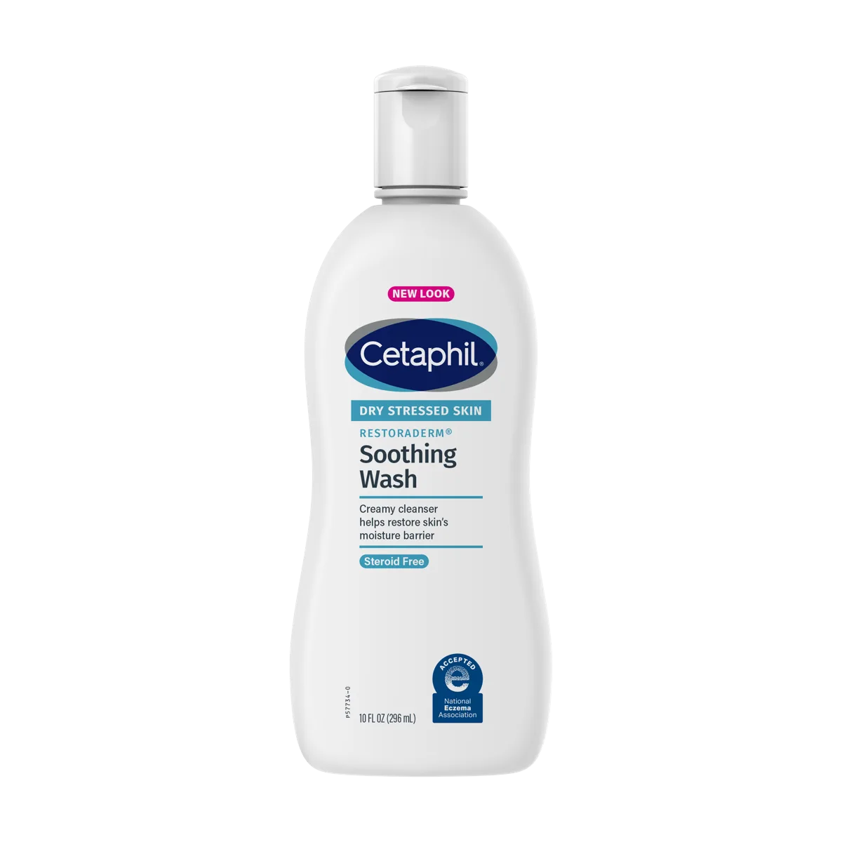 Cetaphil Restoraderm Eczema Calming Body Wash in a white pump bottle with green Cetaphil