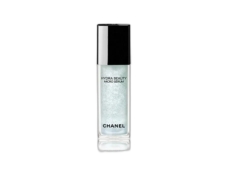 Chanel Hydra Beauty Micro Sérum in frosted blue glass bottle with pump dispenser