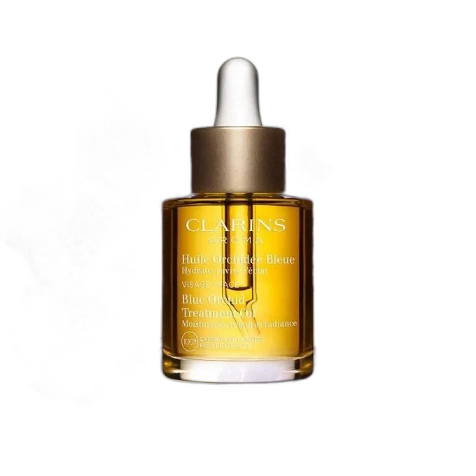Clarins Blue Orchid Face Treatment Oil in glass bottle with dropper