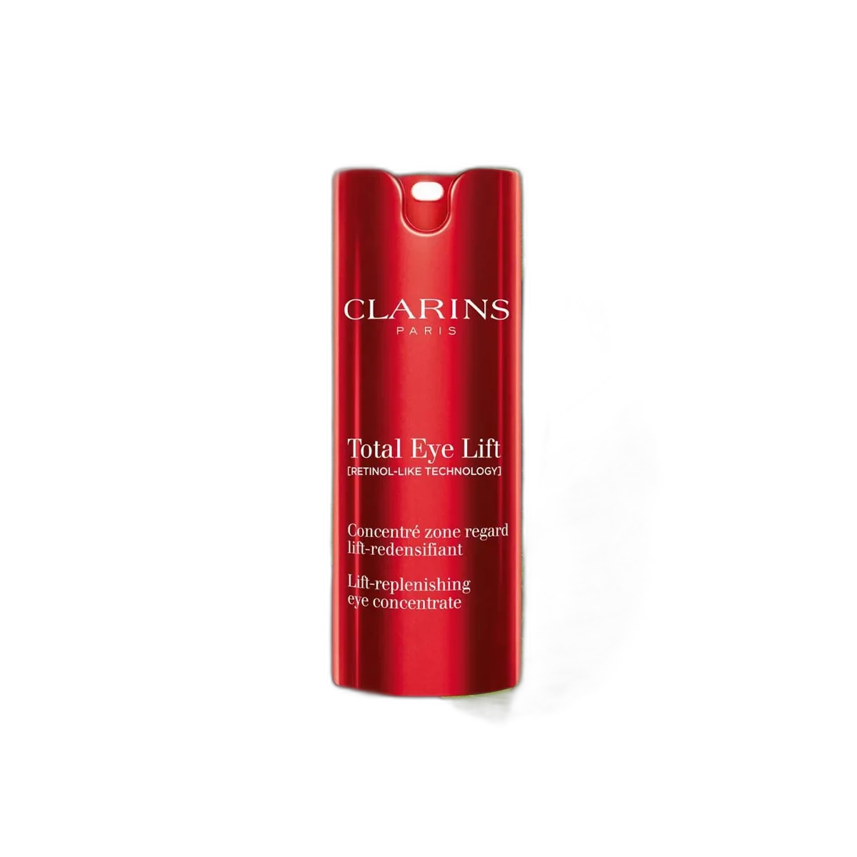 Clarins Total Eye Lift firming eye cream in signature red and white packaging with airless pump