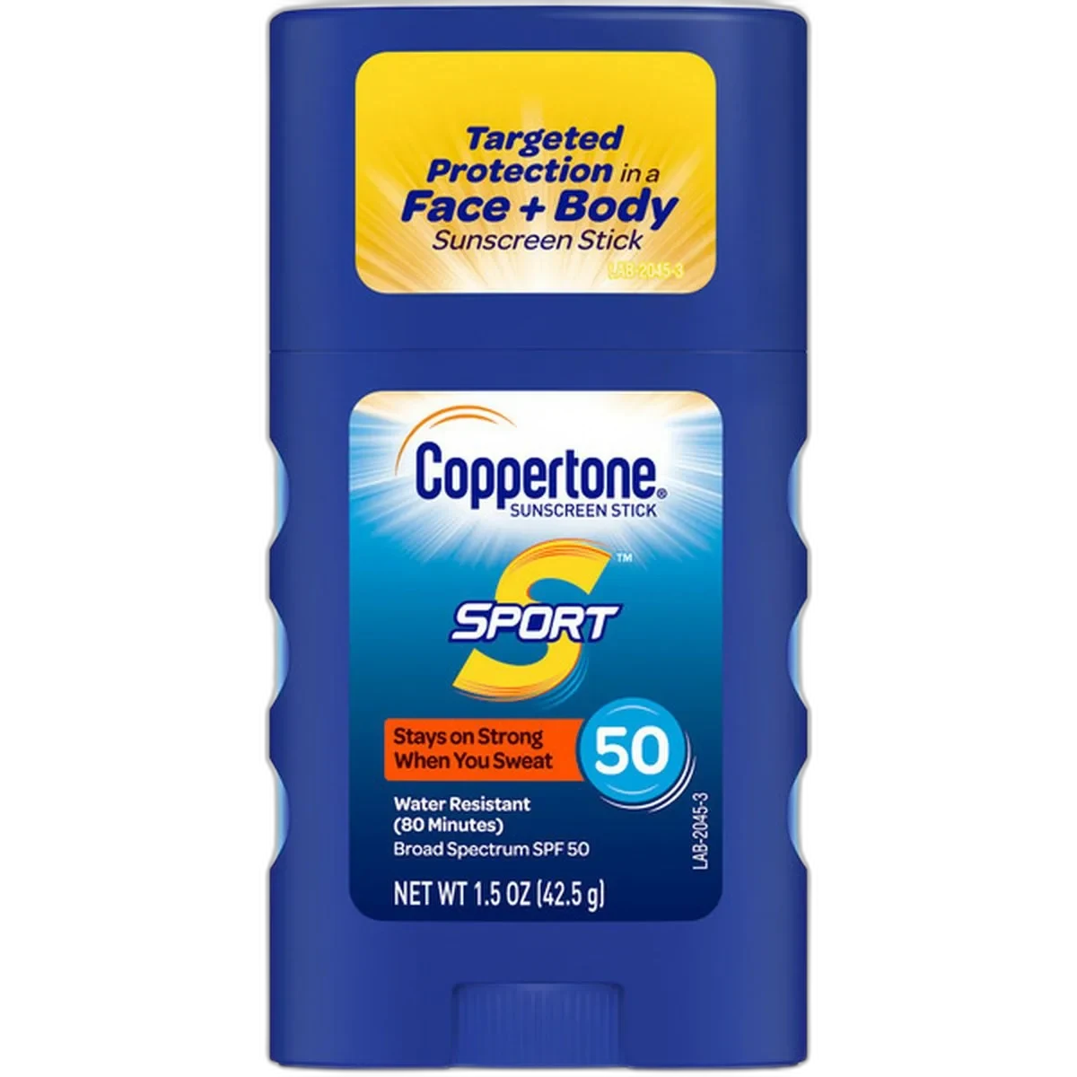 Coppertone Sport Sunscreen Stick SPF 50 twist-up tube in blue and yellow packaging