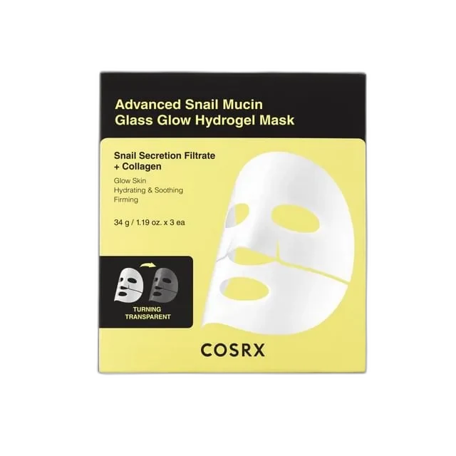 COSRX Advanced Snail Mucin Glass Glow Hydrogel Mask box with 3 individual mask packets