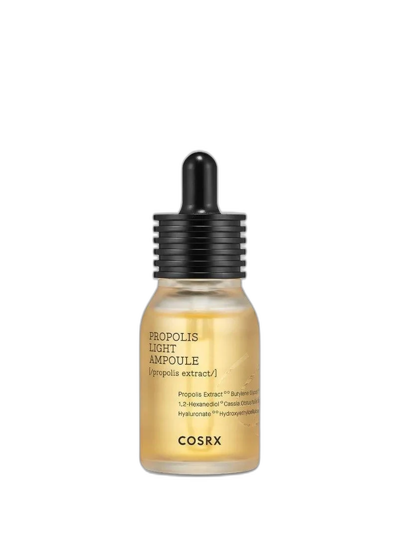 COSRX Full Fit Propolis Light Ampoule in an amber dropper bottle with honey-tinted propolis serum