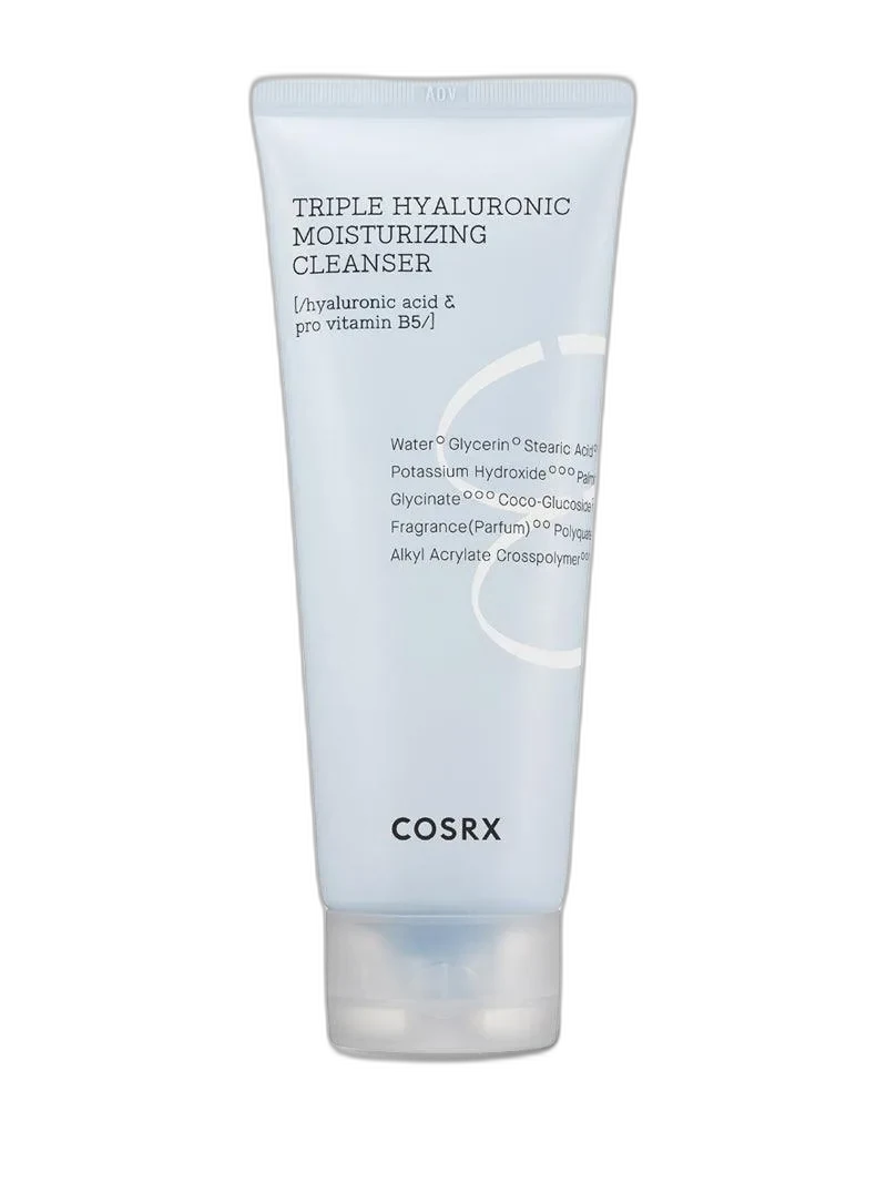 COSRX Hydrium Triple Hyaluronic Moisturizing Cleanser in a white squeeze tube with blue