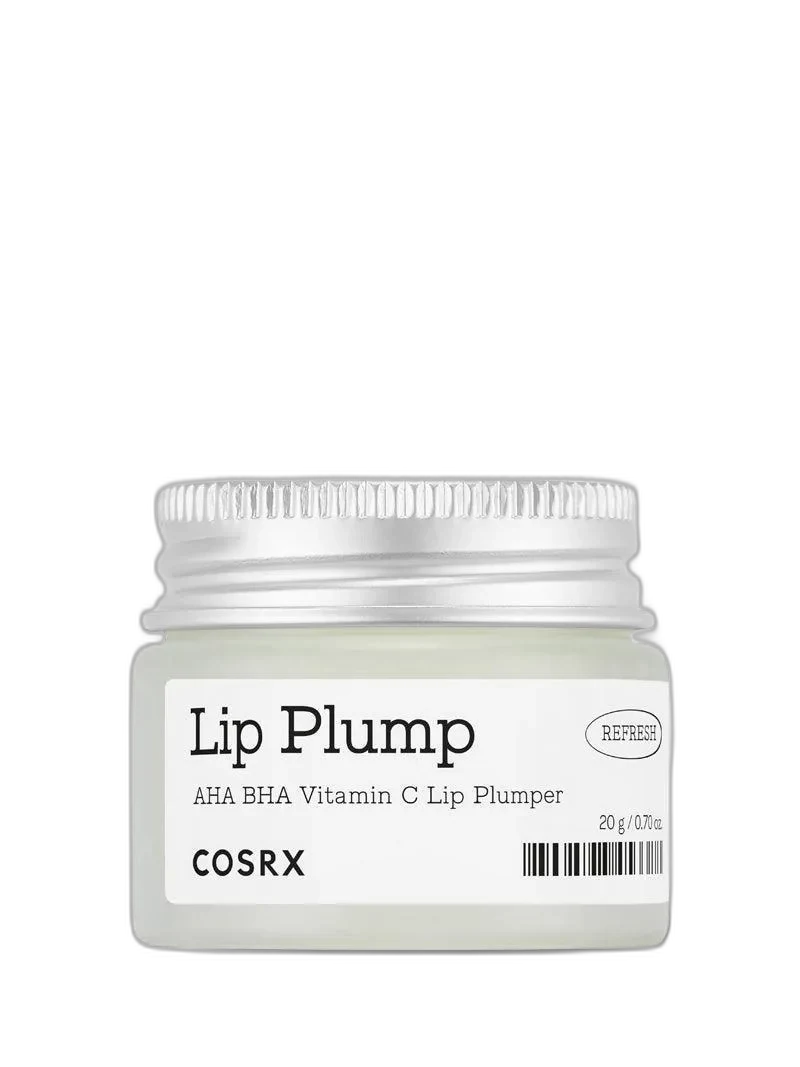 COSRX Lip Plump Refresh AHA BHA Vitamin C Lip Plumper in a small round jar with white and teal